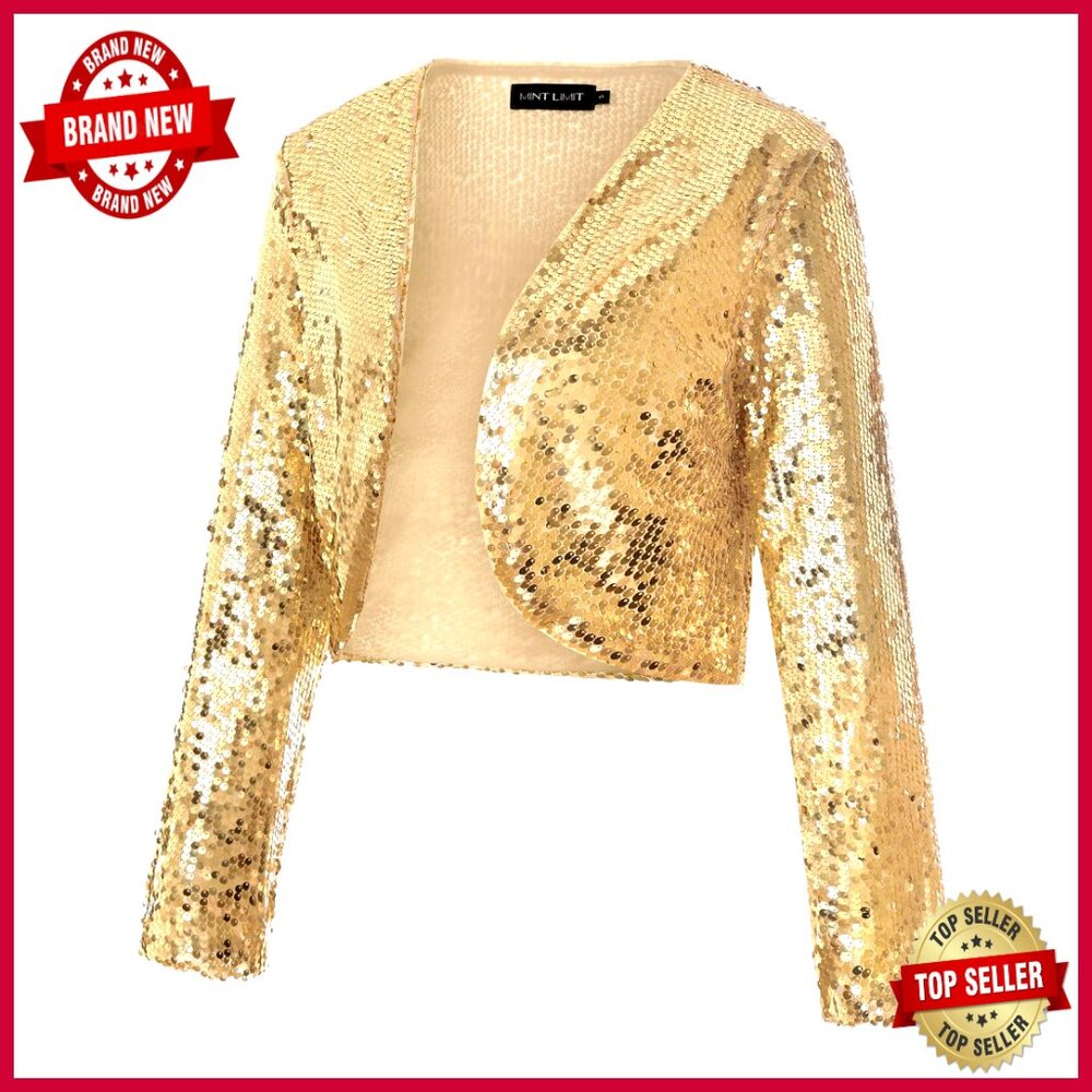 Sequin Shrug Bolero Long Sleeve Open Front Sparkly Cropped Cardigan